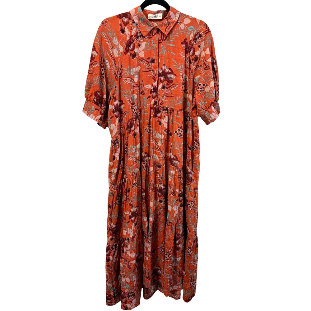 Natural Life Rebecca Midi Dress Orange Tropical Print Size XL